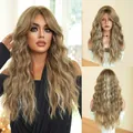 Long wavy ash blonde wig with bangs 22 inch daily use synthetic hair extension - 56cm / Cold Fir Brown