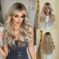 22-inch blonde ombre long wavy wig with curtain bangs for women - 56cm / Ash Blonde