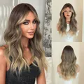 22 inch long wavy ombre wig with fringe bangs, dark brown to blonde gradient colors - 56cm / Wheat Brown