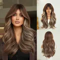 Long wavy 22-inch wig in black tea brown with blonde highlights and curtain bangs. - 56cm / Falucca Brown