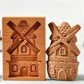 Handgefertigte Windmühlen-Keksform aus Holz mit passendem geprägtem Mürbeteiggebäck - Windmühle