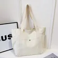 Minimalist white large capacity canvas tote bag with side pockets and front button - Regular Fit / Off White