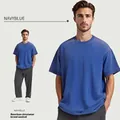 T-shirt en coton bleu marine 230g délavé coupe décontractée pour hommes style rue - Bleu Marine