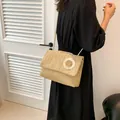 Elegant summer straw shoulder bag featuring a large white flower accent for women - Khaki