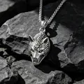Vintage stainless steel wolf head pendant necklace with antique finish for men and women - Pendant + 60cm Chain