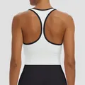Back view of white racerback sports bra with black trim for women's yoga and fitness - S / Tops / White with Black Edge