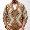 Vintage men's brown geometric jacquard knit cardigan featuring a classic shawl collar - M / Tops / Brown
