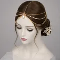 Exotic gold bridal forehead head chain with crystal droplet and tassel accents - Forehead Pendant Teardrop Head Chain (260812) / Gold