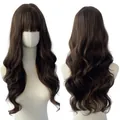 Long wavy synthetic wig with full bangs in a dark reddish brown 99J burgundy color - Rose Net Matte Silk / Cool Brown