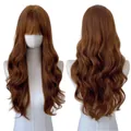 Long wavy reddish copper brown synthetic hair wig with bangs, full head cover for women - Rose Net Matte Silk / Caramel Brown