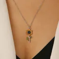 Elegant sunflower pendant necklace with yellow petals and green leaves in silver finish - Sunflower Necklace Style (01 White K3052) / Silver