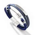 Blue multi-layer braided leather bracelet featuring silver guitar charm and magnetic clasp - 19cm / Navy Blue