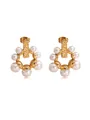 Gold plated stainless steel stud earrings featuring elegant white pearls and a textured bar - Pearl Wrapped Rectangular Bar Style (KY032)