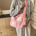 Trendy pink corduroy crossbody tote bag featuring stylish white star patches for casual use - Corduroy Star Bag (088) / Pink (No Charm)