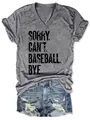 Détail d'un t-shirt gris à col en V pour femme avec inscription sur le thème du baseball - S / Hauts / Gris (Noir 'SORRY. CAN'T. BASEBALL. BYE.')