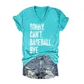 Gros plan d'un t-shirt femme turquoise à col en V avec imprimé 'Sorry Can't Baseball' - S / Hauts / Vert Néo (Imprimé SORRY Blanc)