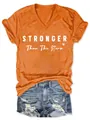 Détail du t-shirt orange pour femme à col en V avec l'inscription 'Stronger Than The Storm'. - S / Hauts / Orange (STRONGER)