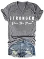 Casual women's grey V-neck t-shirt featuring 'Stronger Than The Storm' white print - S / Tops / Gray (STRONGER)