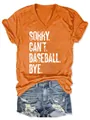 Casual women's orange V-neck short sleeve T-shirt featuring SORRY CAN'T BASEBALL BYE print - S / Tops / Orange (SORRY)