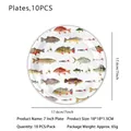 7 inch disposable paper plate with vintage fish illustrations for fishing themed party - 7 Inch Plate / 10 Pieces Pack