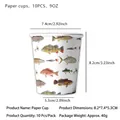 Detailed view of fish pattern party paper cups with 9oz capacity and sizing information - Paper Cup / 10 Pieces Pack