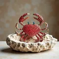 Detailed close-up of a vibrant red rhinestone crab brooch on a textured stone base. - Red