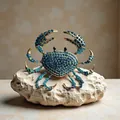 Macro view of detailed crab brooch encrusted with sparkling blue rhinestones on gold base - Blue