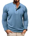 Men's light blue waffle knit Henley long sleeve shirt detail showing texture and fit - S / Tops / Blue