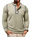 Detail view of men's slim fit khaki waffle knit long sleeve shirt with henley neck - Apricot