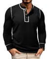 Close-up of men's black waffle knit long sleeve henley shirt with white piping detail - S / Tops / Black