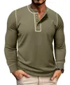 Close-up of olive green waffle knit men's long sleeve henley shirt with contrast stitching - Army Green