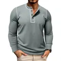 Slim fit men's waffle knit long sleeve Henley T-shirt in grey, textured casual top. - S / Tops / Gray