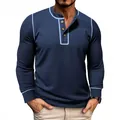 Men's dark blue waffle knit long sleeve Henley T-shirt with slim fit and contrast piping - S / Tops / Sapphire Blue