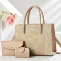 Dreiteiliges beiges Handtaschenset mit gestreifter Tasche, Geldbörse und Kartenetui - Hellbeige