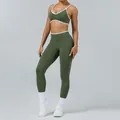 Olive green seamless yoga set for women with white trim, sports bra and leggings - XS / Top And Bottom / Camisole Bra Army Green + Pants Army Green