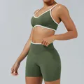 Olive green seamless two-piece yoga set with white trim sports bra and high-waist shorts - XS / Top And Bottom / Camisole Bra Army Green + Shorts Army Green