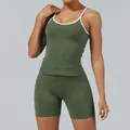 Seamless olive green yoga set with contrast piping sports tank and tight shorts. - XS / Top And Bottom / Army Green Vest + Army Green Shorts