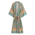 Bohemian floral print long kimono cardigan with waist belt and wide sleeves design - S / Tops / Cyan Blue