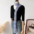 Long narrow knitted blue scarf with brown geometric wave patterns displayed on mannequin - 9X170cm / Fair Isle Knit Ribbon - Light Blue