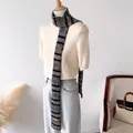 Elegant narrow geometric pattern knit scarf in grey and black tones for stylish autumn outfits - 9X170cm / Fair Isle Knit Ribbon - Black Gray