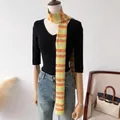 Cozy narrow knitted scarf featuring vibrant yellow and red geometric patterns for winter - 9X170cm / Fair Isle Knit Ribbon - Yellow Green