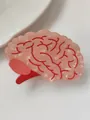 Detailed macro view of pink brain-shaped hair claw clip with red vein patterns - Brain