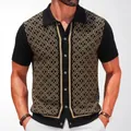 Herren Vintage Strick-Polohemd kurzarm mit geometrischem Jacquard-Muster Retro - M / Oberteile / Schwarz