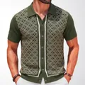 Modischer olivgrüner Herren-Strick-Polo-Cardigan mit Kurzarm und Rautenmuster-Jacquard - M / Oberteile / Armeegrün
