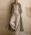 Élégant ensemble 3 pièces pour femme aspect lin avec long cardigan et pantalon large - S / Haut Et Bas / Kaki