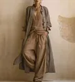 Ensemble 3 pièces en lin minimaliste pour femmes dans les tons terre avec pantalon - S / Haut Et Bas / Brun Foncé