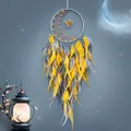 Attrape-rêves fait main lune et étoile avec décor de plumes jaune et gris - Orange