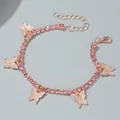 Elegant rose gold anklet featuring pink rhinestones and textured butterfly pendants - Butterfly Charm Style (5 Butterflies) / Rose Gold