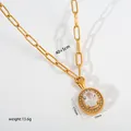 Detailed view of gold stainless steel necklace with crystal pendant dimensions and weight. - Paperclip Chain Oval Pendant (G34) / Gold