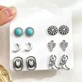 Vintage Ohrstecker-Set im Western-Stil mit Kaktus und Türkis, Set mit 6 Paaren - Kaktus Mond Stiefel Stil (DZ-590) / 6er-Set / Antiksilber